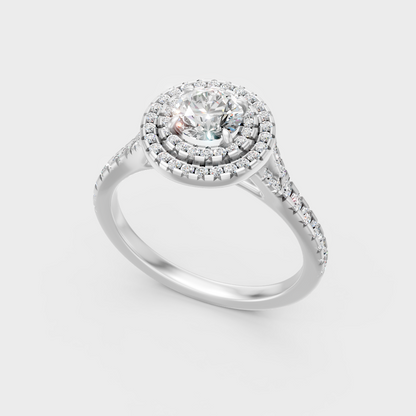  Sleek 18K White Gold Double Halo Ring Featuring An Igi Gli Certified Round Lab Diamond