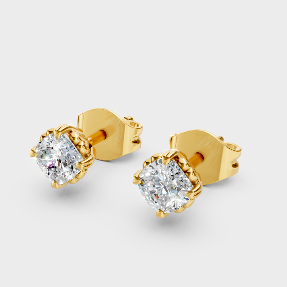 Certified Cushion Cut Lab-Grown Diamond Studs In Yellow Gold