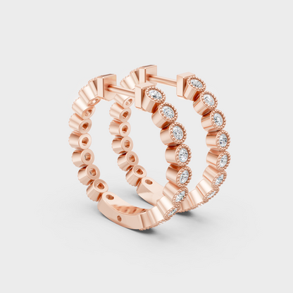 Modern rose gold and round-cut diamond hoop earrings for ethical luxury.