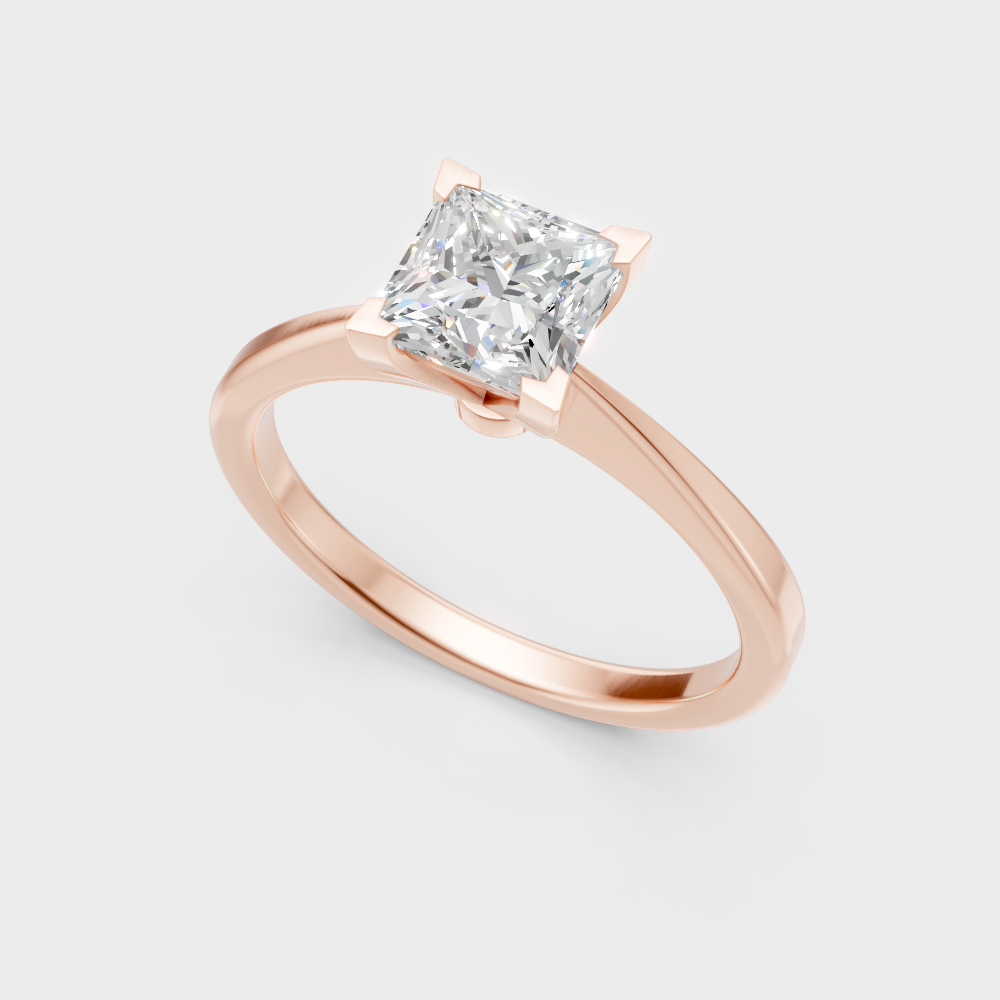 Unique rose gold solitaire featuring an Igi certified princess-cut lab diamond