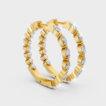 Elegant yellow gold diamond hoops featuring alternating marquise and round lab diamonds