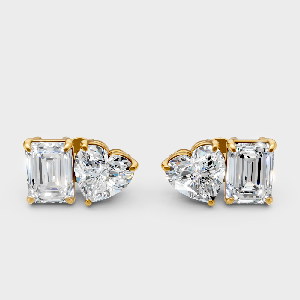 Toi-Et-Moi Emerald And Heart Cut 4 Carat Lab-Grown Diamond Stud Earrings In 14K Yellow Gold – Certified Diamond Ethical Fine Jewelry