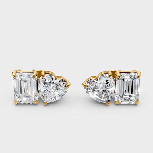 Toi-Et-Moi Emerald And Heart Cut 4 Carat Lab-Grown Diamond Stud Earrings In 14K Yellow Gold – Certified Diamond Ethical Fine Jewelry