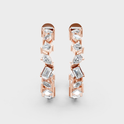 Rose gold multi-shape diamond earrings featuring GLI-certified round and fancy cuts