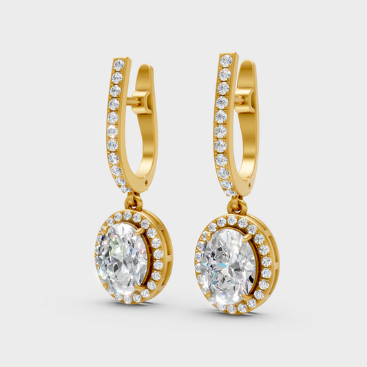 4.02 Ct Round And Oval Cut Lab-Grown Diamond Drop Earrings In Yellow Gold