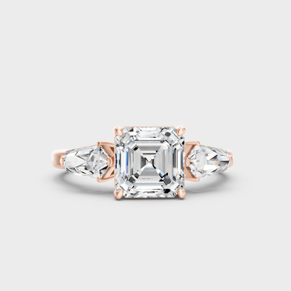 Unique Rose Gold Ring Featuring An Asscher Center Stone And Kite-Shaped Side Diamonds
