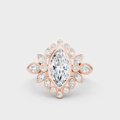 Unique Rose Gold Ring Featuring A Marquise Center Stone And Round Diamond Accents
