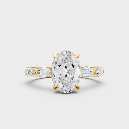 Classic 14K Yellow Gold Engagement Ring Featuring Oval Diamond With Marquise Accents