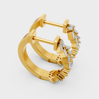Sustainable yellow gold hoops with vertical baguette-cut lab diamonds for modern luxury