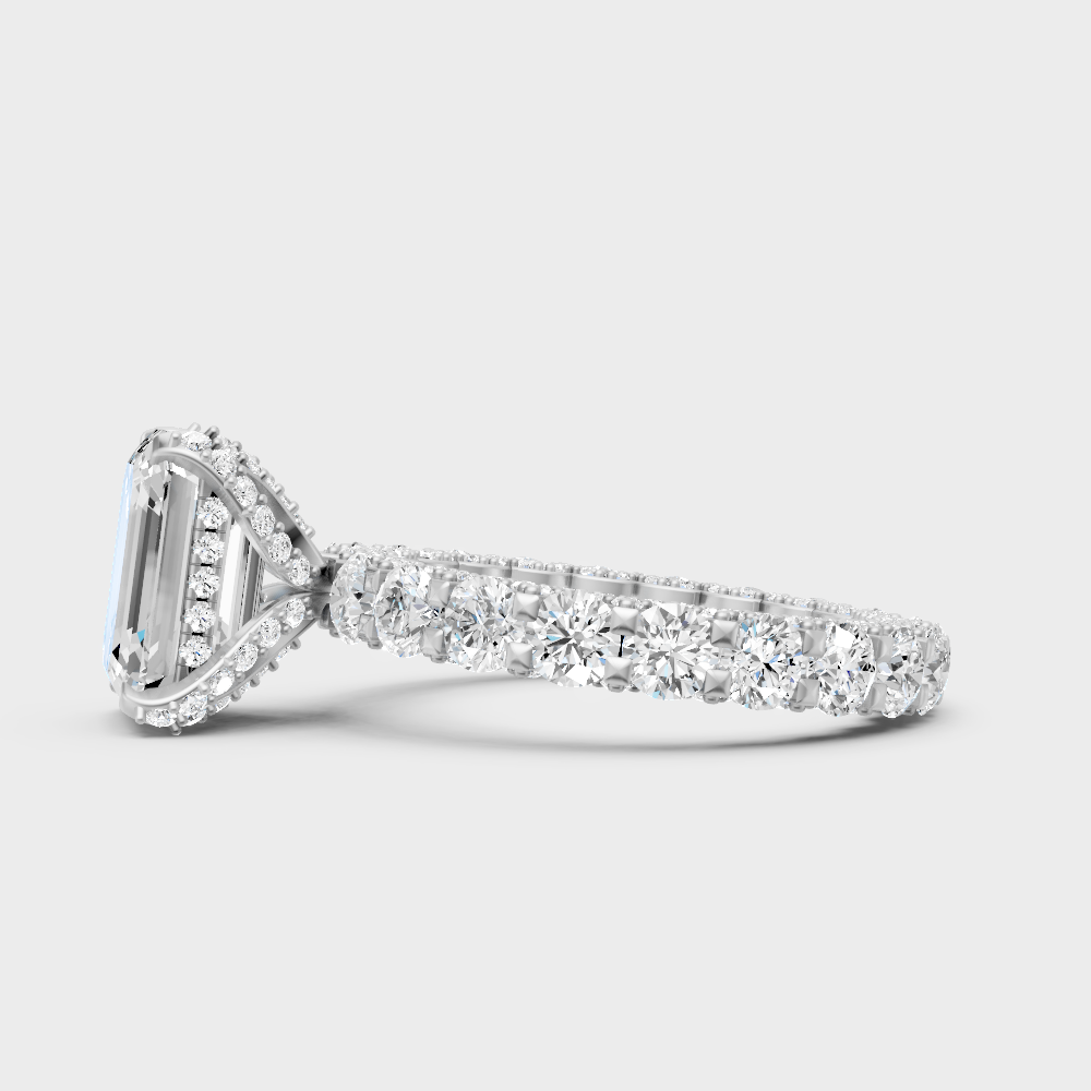9K White Gold Emerald-Shaped Lab-Grown Diamond Ring With Round Hidden Halo