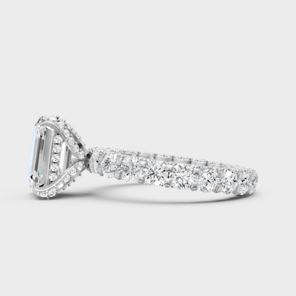 9K White Gold Emerald-Shaped Lab-Grown Diamond Ring With Round Hidden Halo