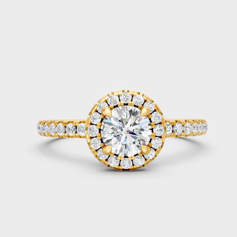 Classic 14K Yellow Gold Engagement Ring Featuring A Round Lab Diamond With Halo