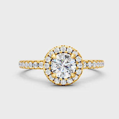 Classic 14K Yellow Gold Engagement Ring Featuring A Round Lab Diamond With Halo