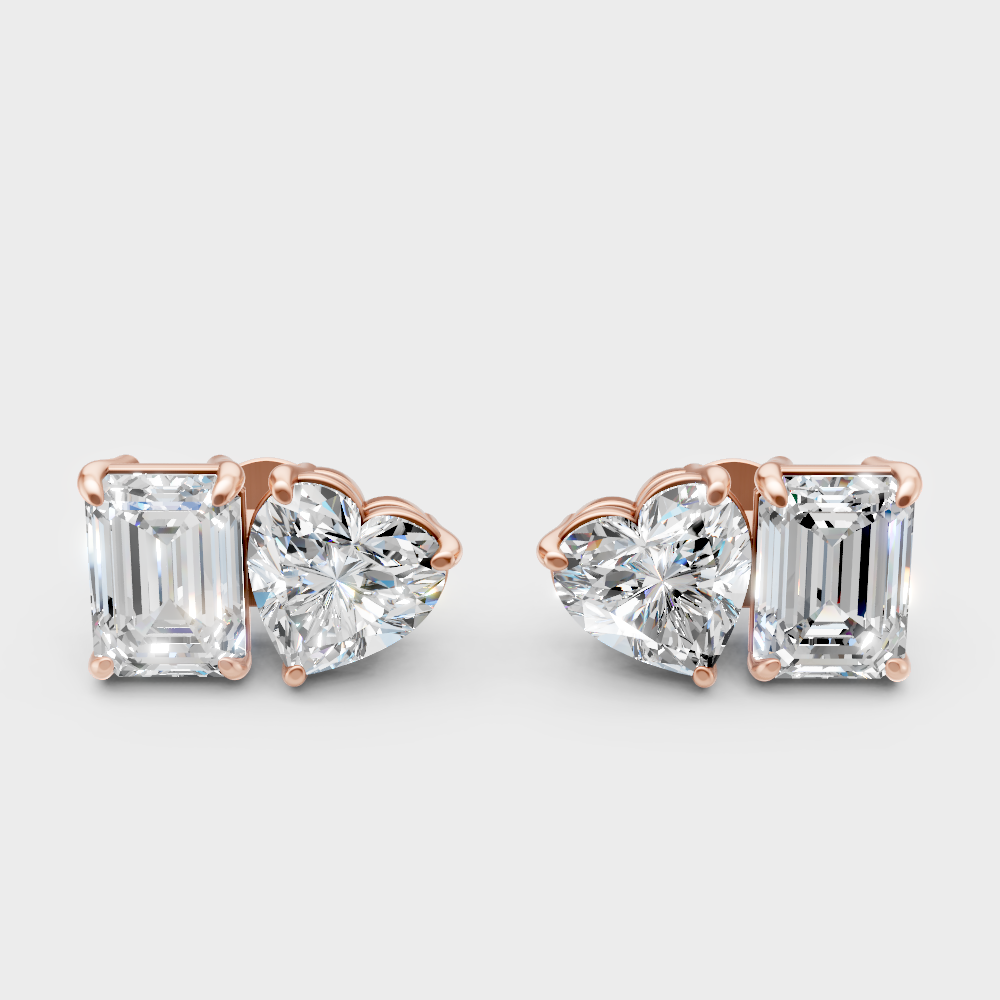 Toi-Et-Moi Emerald And Heart Cut 4 Carat Lab-Grown Diamond Stud Earrings In 14K Rose Gold – Certified Diamond Luxury Jewelry