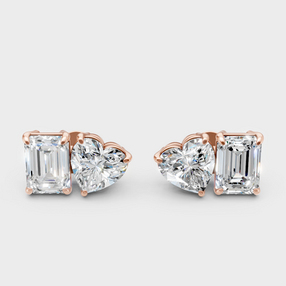Toi-Et-Moi Emerald And Heart Cut 4 Carat Lab-Grown Diamond Stud Earrings In 14K Rose Gold – Certified Diamond Luxury Jewelry
