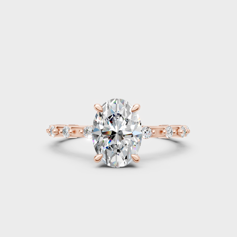 Romantic rose gold engagement ring with a oval and round-cut lab diamond