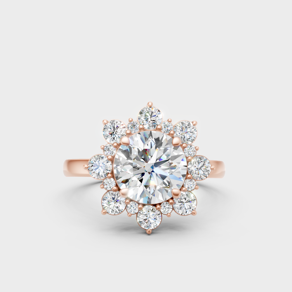 Unique Rose Gold Ring Featuring A Round Center Stone And Side Diamond Accents