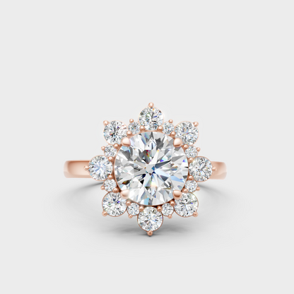 Unique Rose Gold Ring Featuring A Round Center Stone And Side Diamond Accents