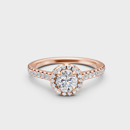 Unique Rose Gold Halo Ring Featuring An Igi Certified Round Lab Diamond