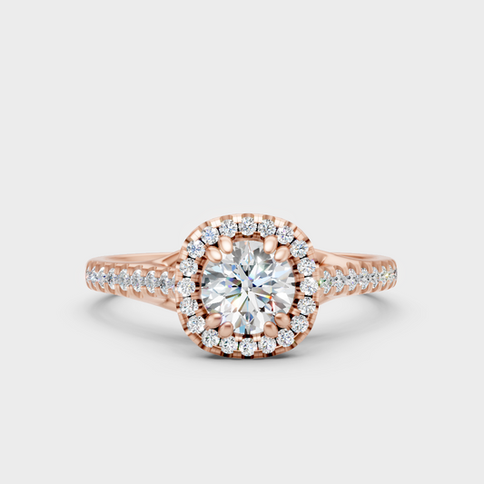 Unique Rose Gold Halo Ring Featuring An Igi Certified Round Lab Diamond