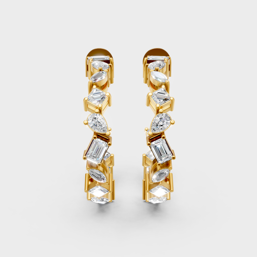 Unique yellow gold diamond hoops featuring mixed-cut lab diamonds for a modern look