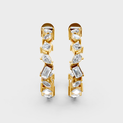 Unique yellow gold diamond hoops featuring mixed-cut lab diamonds for a modern look