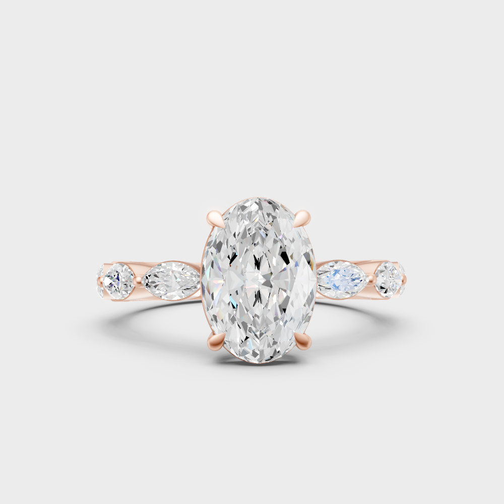 Unique Rose Gold Ring Featuring A Oval Center Stone And Marquise Side Diamonds