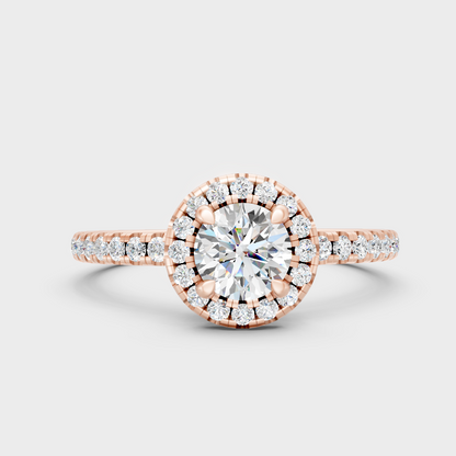 Unique Rose Gold Halo Ring Featuring An Igi Certified Round Lab Diamond