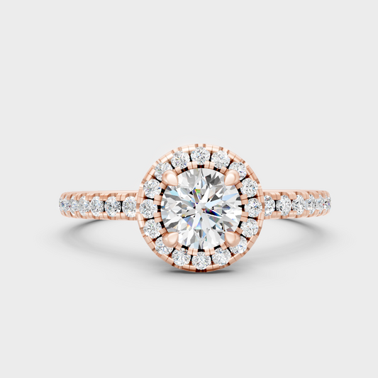 Unique Rose Gold Halo Ring Featuring An Igi Certified Round Lab Diamond