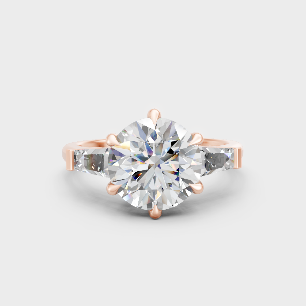 Romantic rose gold trio engagement ring with round and baguette lab-grown diamonds