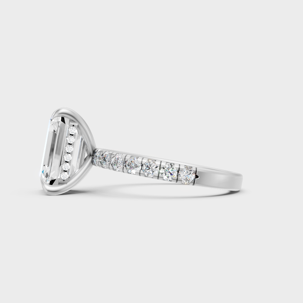  9K White Gold Emerald-Shaped Lab-Grown Diamond Ring With Round Hidden Halo