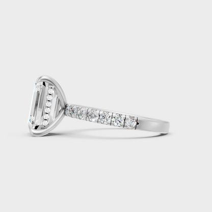  9K White Gold Emerald-Shaped Lab-Grown Diamond Ring With Round Hidden Halo