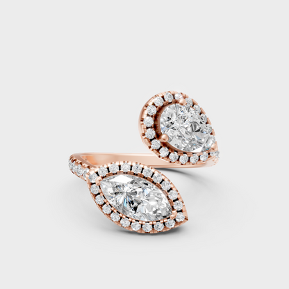 Unique 18K Rose Gold Toi-Et-Moi Halo Ring With Pear And Marquise Lab-Grown Diamonds