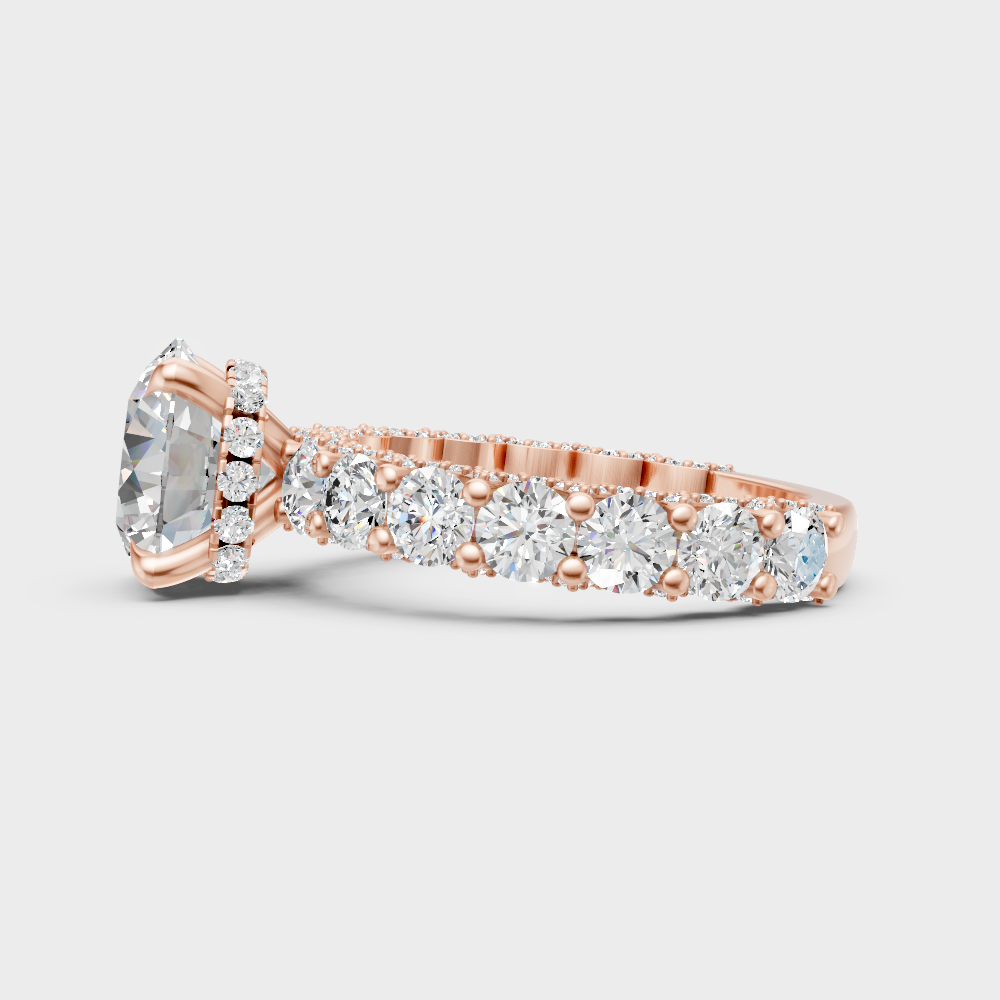 Blush rose gold engagement ring with hallmarked round-cut lab diamonds