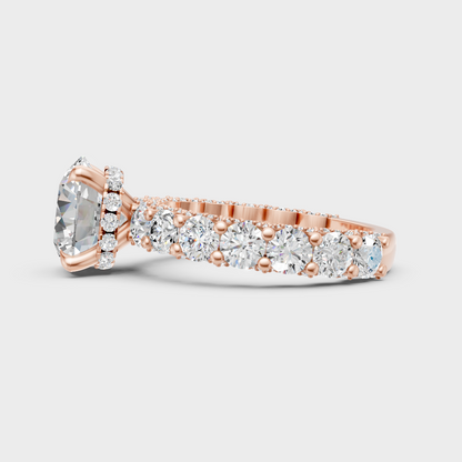 Blush rose gold engagement ring with hallmarked round-cut lab diamonds