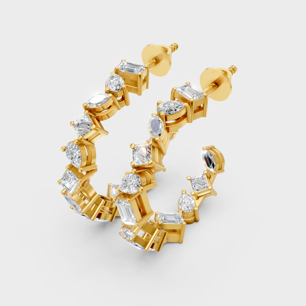 yellow gold hoops with alternating round and fancy-cut lab-grown diamonds
