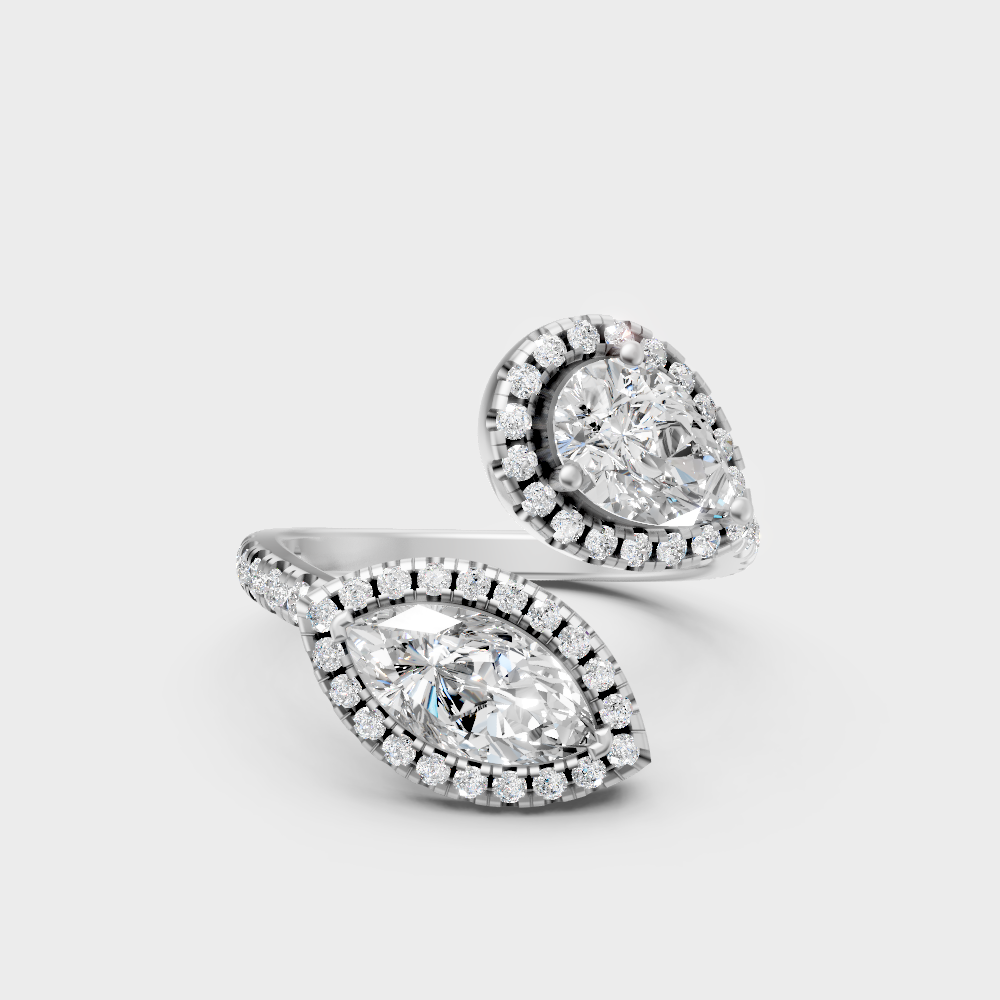  Modern White Gold Halo Ring With Brilliant Pear and Marquise Lab Diamonds