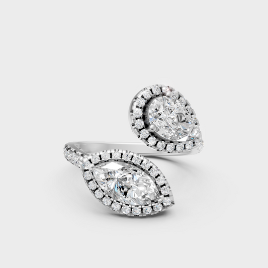  Modern White Gold Halo Ring With Brilliant Pear and Marquise Lab Diamonds