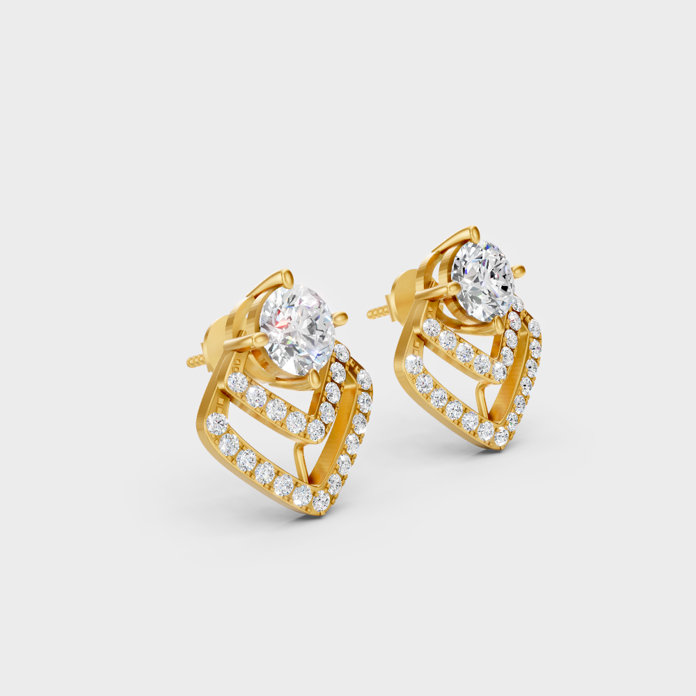 GLI IGI Certified 1.705 Ct Each Round Diamond Stud Earrings Yellow Gold