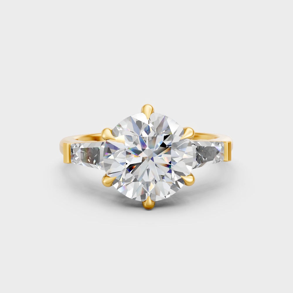 IGI-certified round and baguette lab-grown diamond trio ring in yellow gold