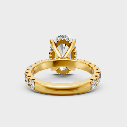 Customizable Yellow Gold Hidden Halo Ring Featuring A 3.89 Carat Sustainable Oval Diamond