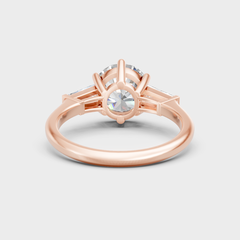 Customizable rose gold trio ring featuring GLI-certified round and baguette lab diamonds