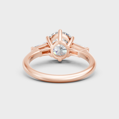 Customizable rose gold trio ring featuring GLI-certified round and baguette lab diamonds