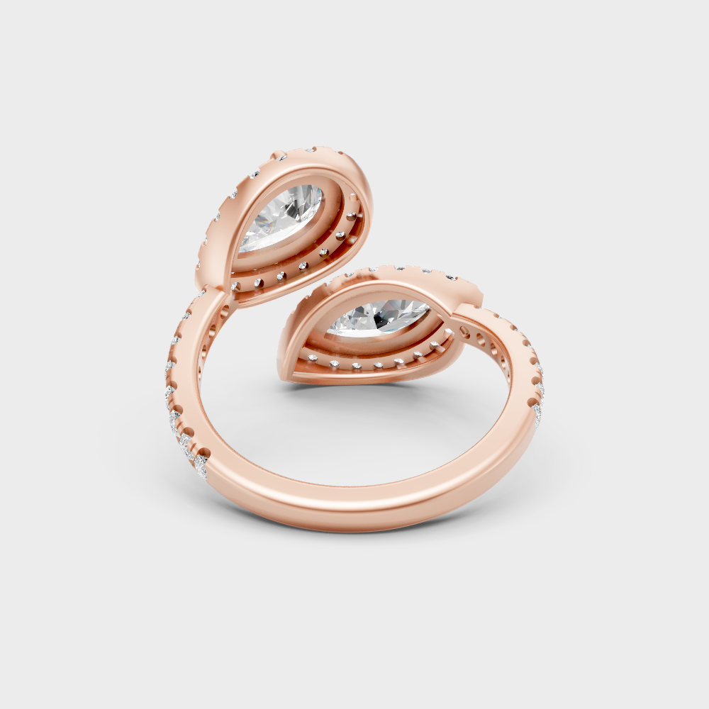  Modern 9K Rose Gold Halo Ring With Brilliant Pear and Marquise Lab Diamonds