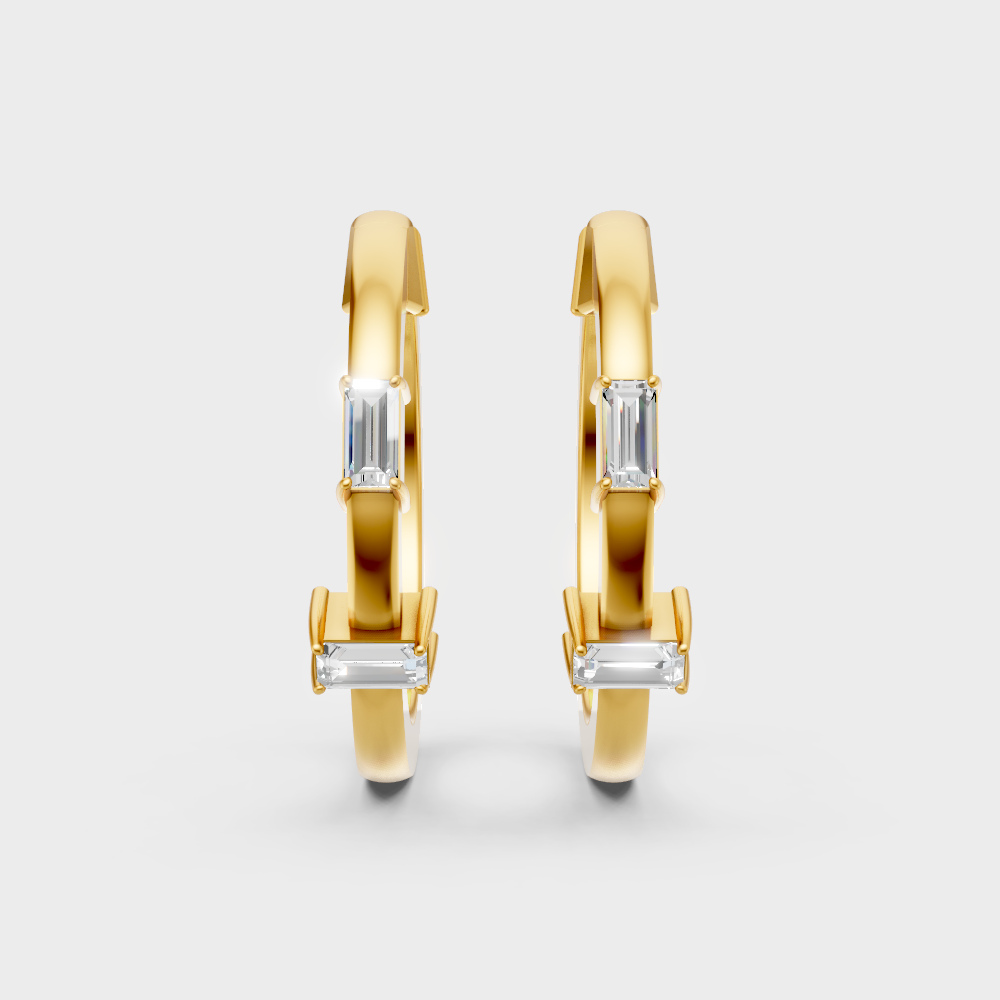 Elegant Baguette Cut Lab Grown Diamond Hoop Earrings In Yellow Gold Luxury