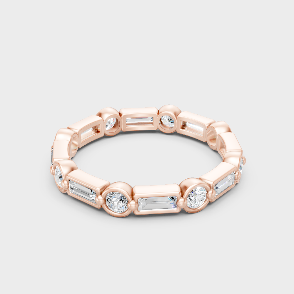 9K Rose Gold Round And Baguette-Cut Lab-Grown Diamond Band With Hallmark Quality