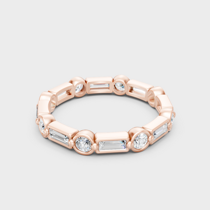 9K Rose Gold Round And Baguette-Cut Lab-Grown Diamond Band With Hallmark Quality