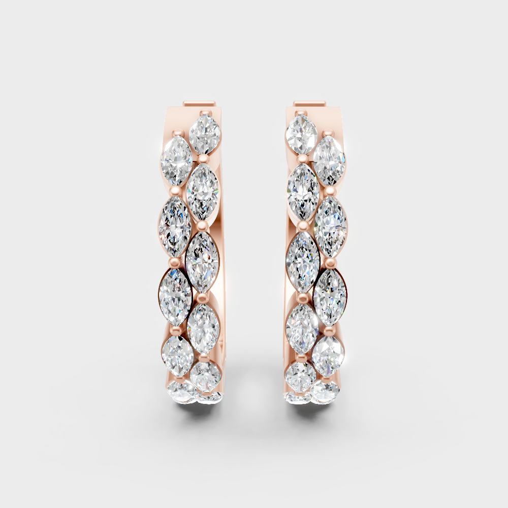 Unique rose gold diamond hoops featuring GLI-certified marquise stones for a soft glow