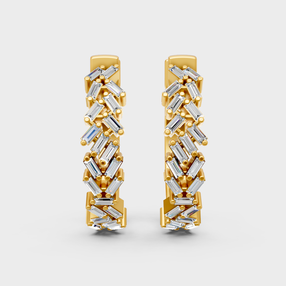 Classic yellow gold diamond hoops featuring sleek baguette-shaped lab diamonds
