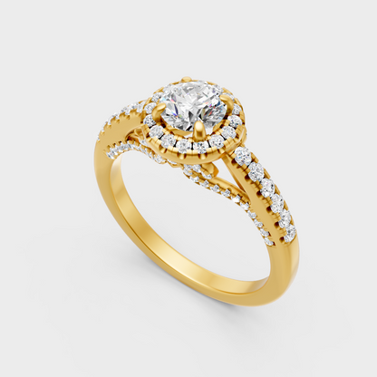 Classic 14K Yellow Gold Engagement Ring Featuring A Round Lab Diamond With Halo